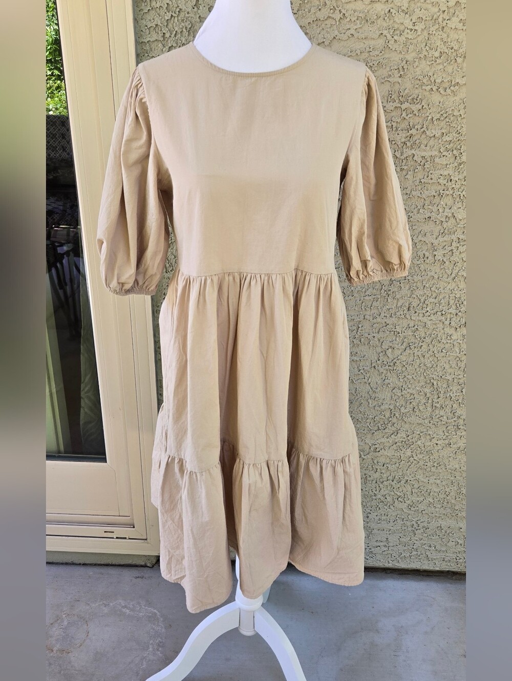 Ole By Koton Beige Tiered Puff-Sleeve Midi Dress